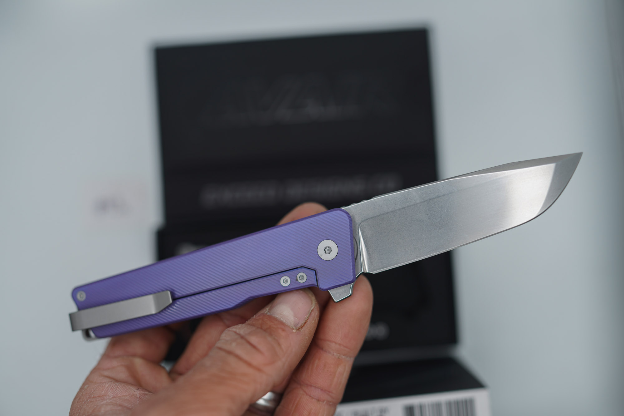 BUILD #93s — Condition 9/10 — AVAIR M390 Micro-Slash - W/Pre-Installed SKIFF Bearings + Rare CUSTOM Deep-Sea Purple Titanium ANO W/Diamond Compound Ground M390 Blade - Image 5