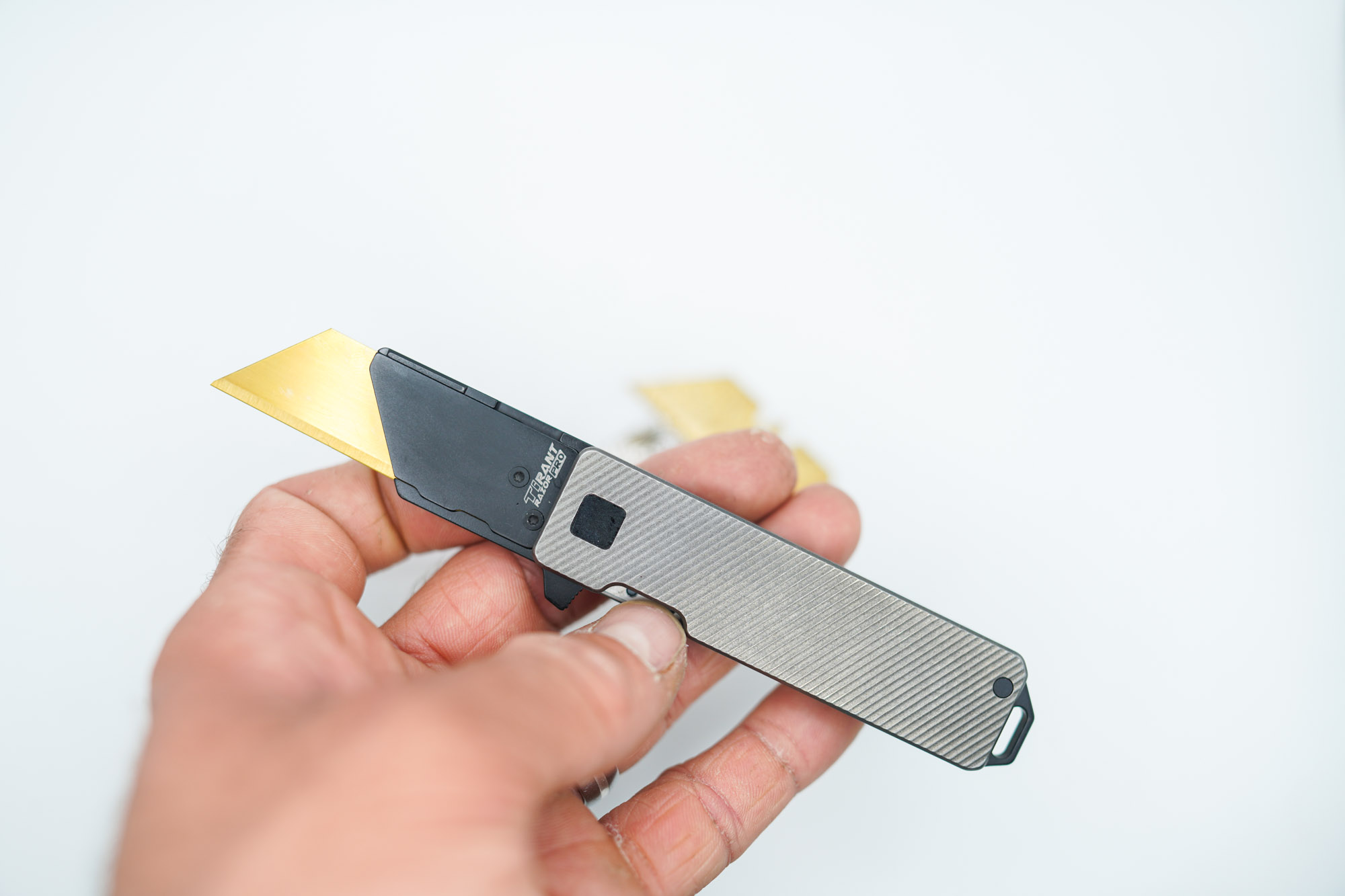 BUILD #162 — Condition 10/10 — TiRant RAZOR V3 Stonewashed Titanium + Jet-Black PVD + USA-Milled 'Micro-Slash' RH Handle + 38MM Mini Clip + 3X Custom Laser Engraved Razor Blades From The ToolRoom - Image 3
