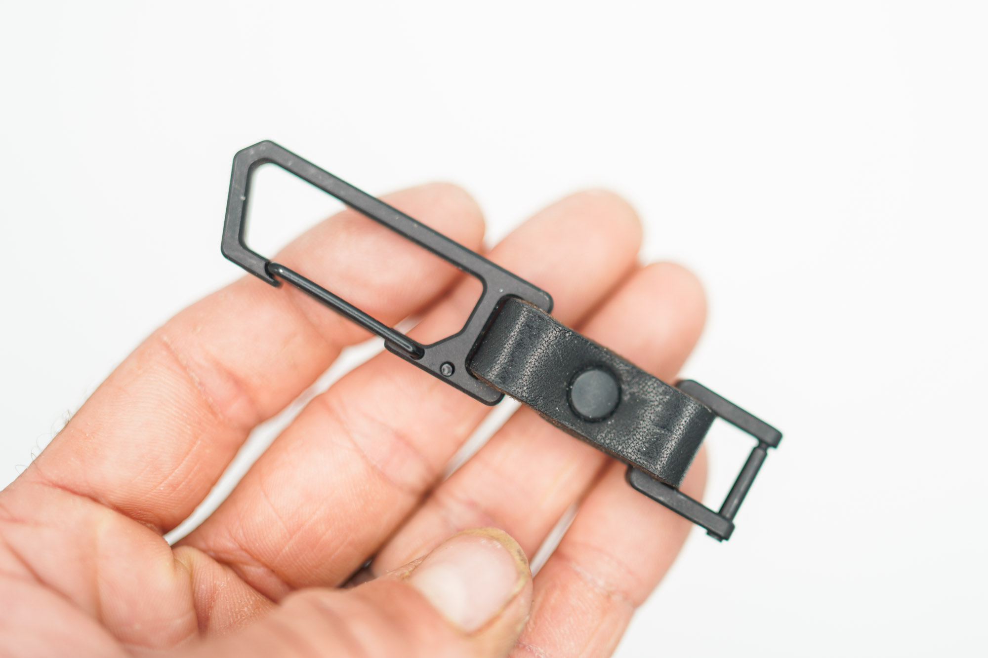 BUILD #198 (20 Quantity Available With 7-Day Lead Time) Condition 10/10 — TiRant Latch Titanium Carabiner W/Custom Key Holder Prototype - Jet-Black PVD Ti + Black Leather + Matte Black Rivets - Image 3
