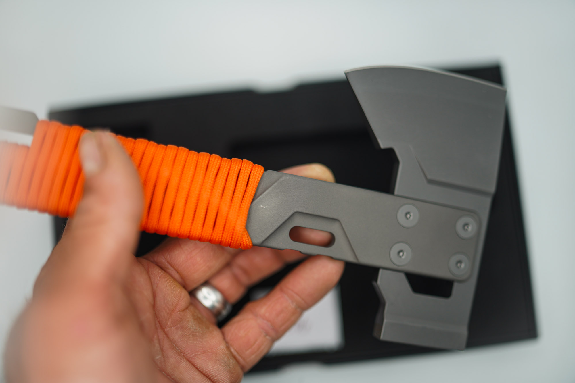 BUILD #206 — Condition 9/10 — HYZER Titanium Hatchet (MINI SIZE) - Blasted Titanium W/Lightweight Head + W/Custom Hunter ORANGE Paracord Wrap (Sheath Purchased Separately) - Image 4