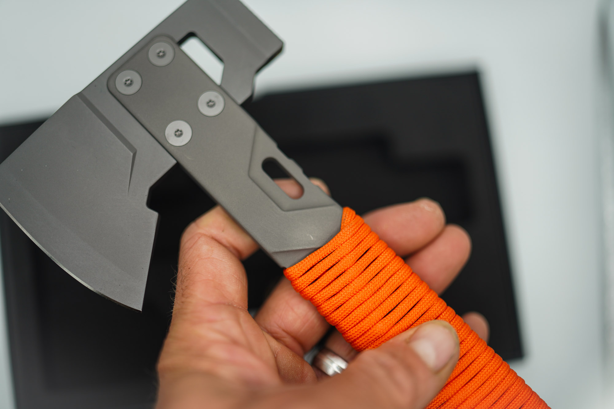 BUILD #206 — Condition 9/10 — HYZER Titanium Hatchet (MINI SIZE) - Blasted Titanium W/Lightweight Head + W/Custom Hunter ORANGE Paracord Wrap (Sheath Purchased Separately) - Image 2