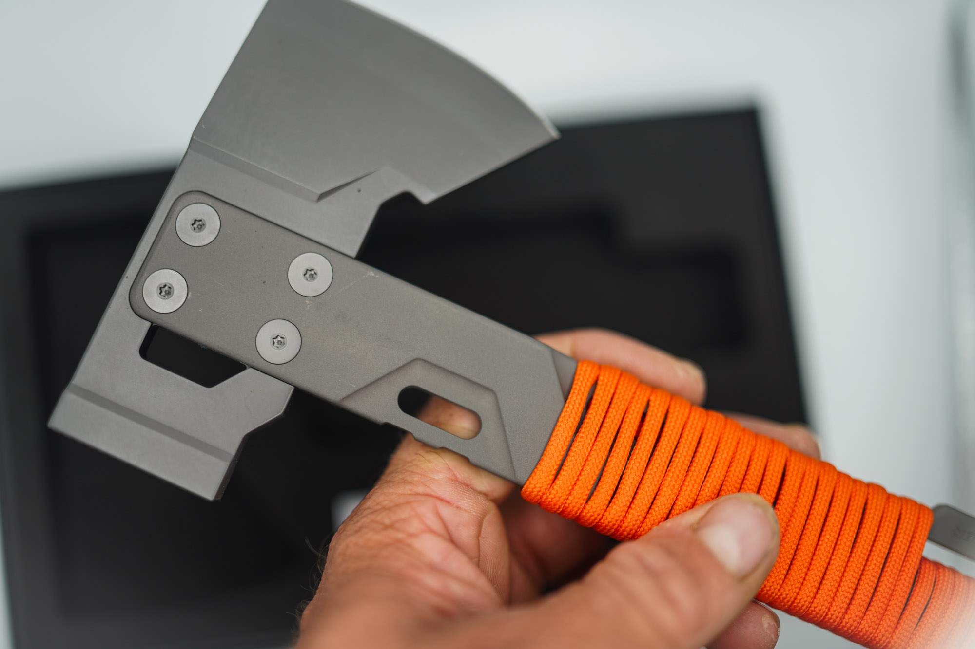 BUILD #206 — Condition 9/10 — HYZER Titanium Hatchet (MINI SIZE) - Blasted Titanium W/Lightweight Head + W/Custom Hunter ORANGE Paracord Wrap (Sheath Purchased Separately) - Image 3
