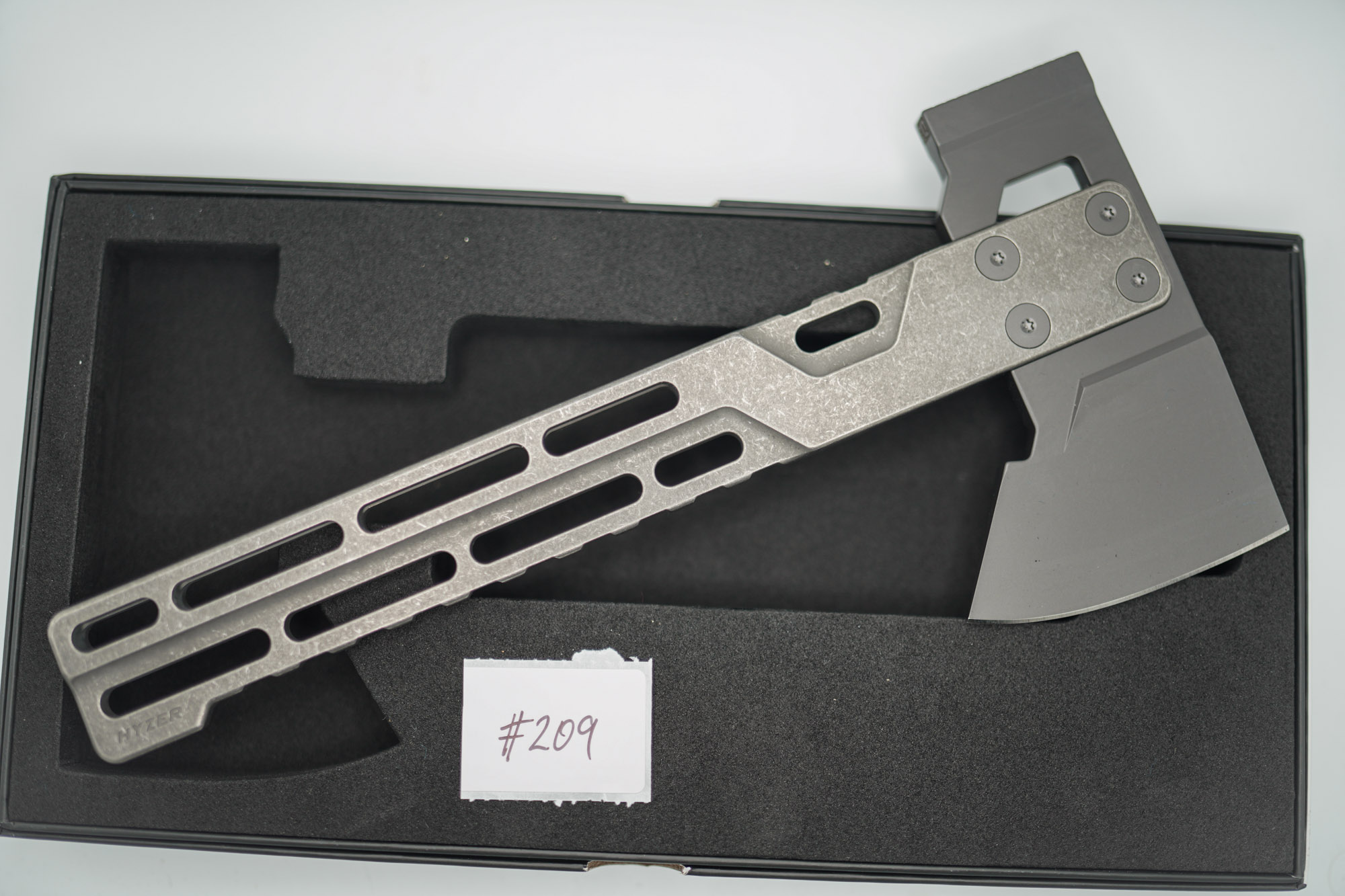 BUILD #209 — Condition 9/10 — HYZER Titanium Hatchet (FULL SIZE) - Deep Bright Stonewash Titanium Handle + Lightweight Dark Grey PVD Head (Sheath Purchased Separately) - Image 3