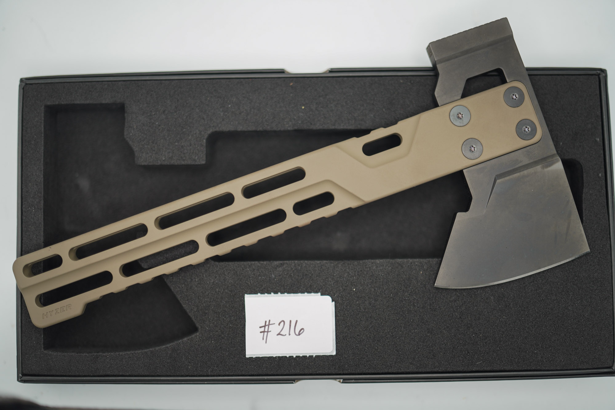 BUILD #216 — Condition 10/10 — HYZER Titanium Hatchet (FULL SIZE) - RARE FDE Tan Cerakote Titanium Handle + Light Weight Dark Grey DLC D2 Head (Sheath Purchased Separately) - Image 3